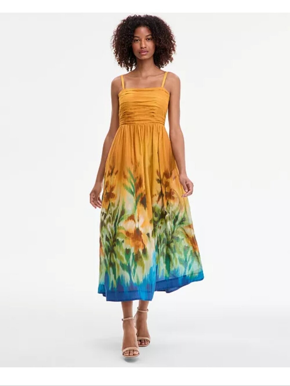 Tahari ASL Mustard Border Print Midi Dress Siz 12 Spaghetti Strap Fit Flare $179